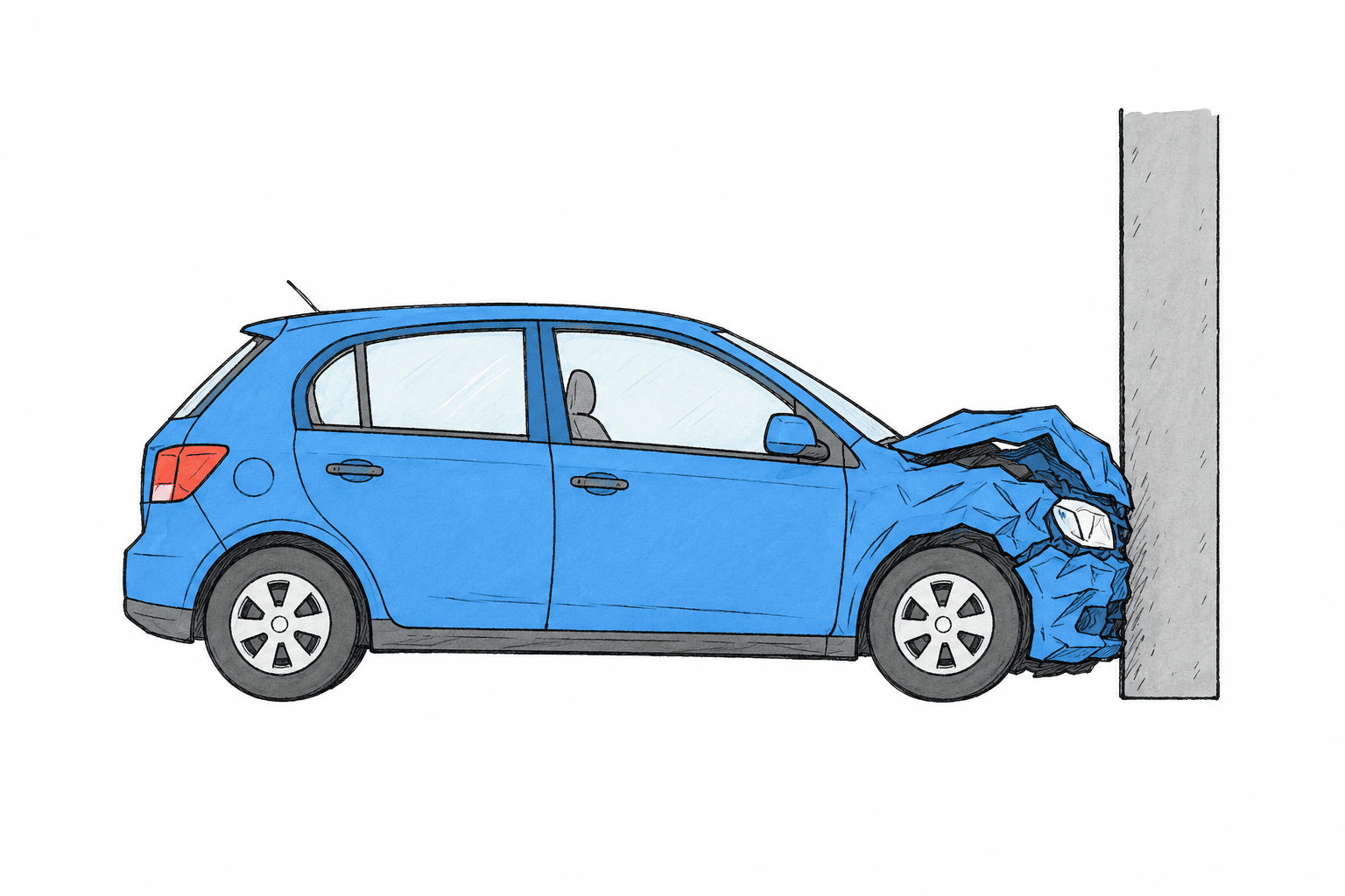 A car crumpling against a barrier on impact.