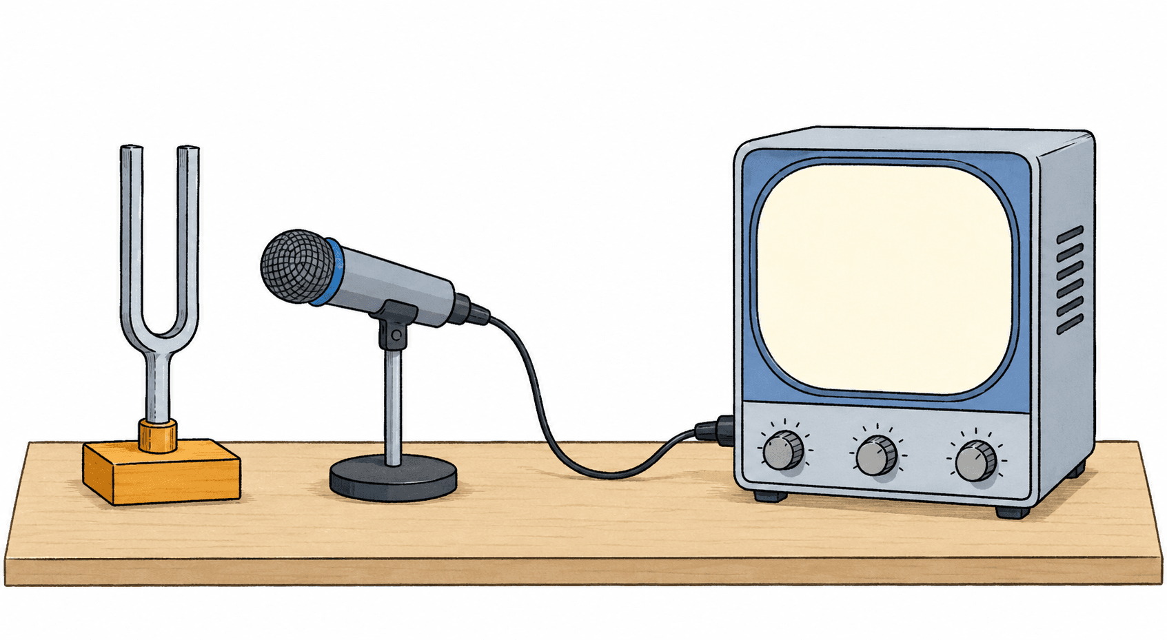 A tuning fork, a microphone on a stand, and a cathode-ray oscilloscope with a blank screen, connected on a bench.