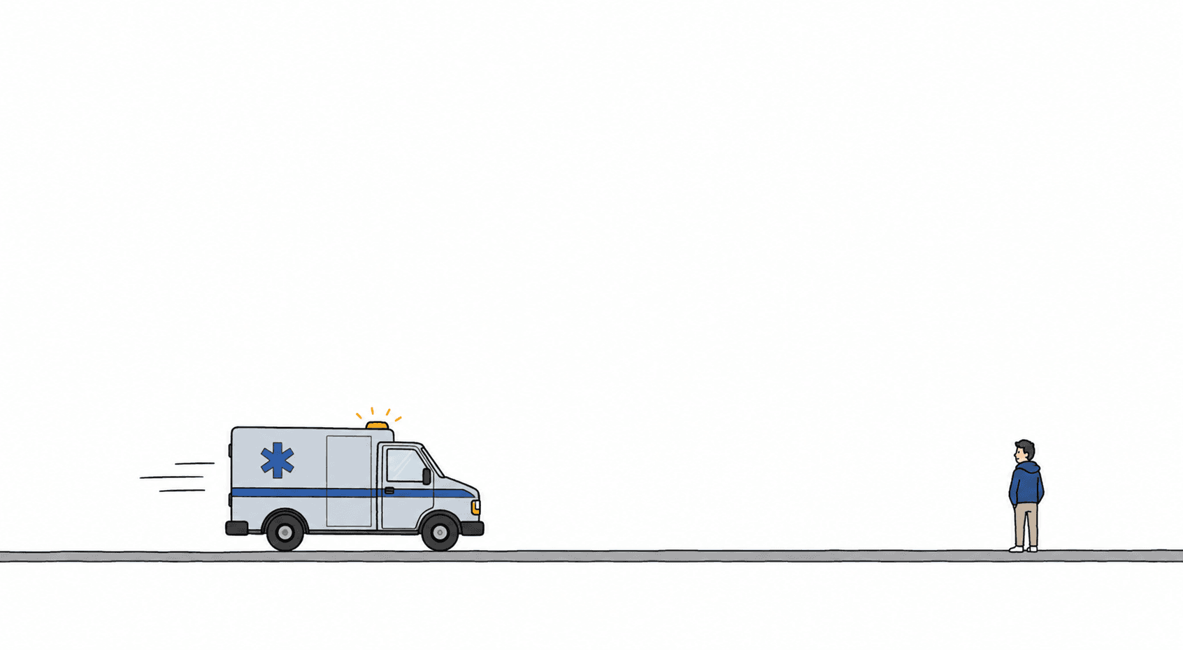 An ambulance driving to the right along a road past a stationary person on the pavement.