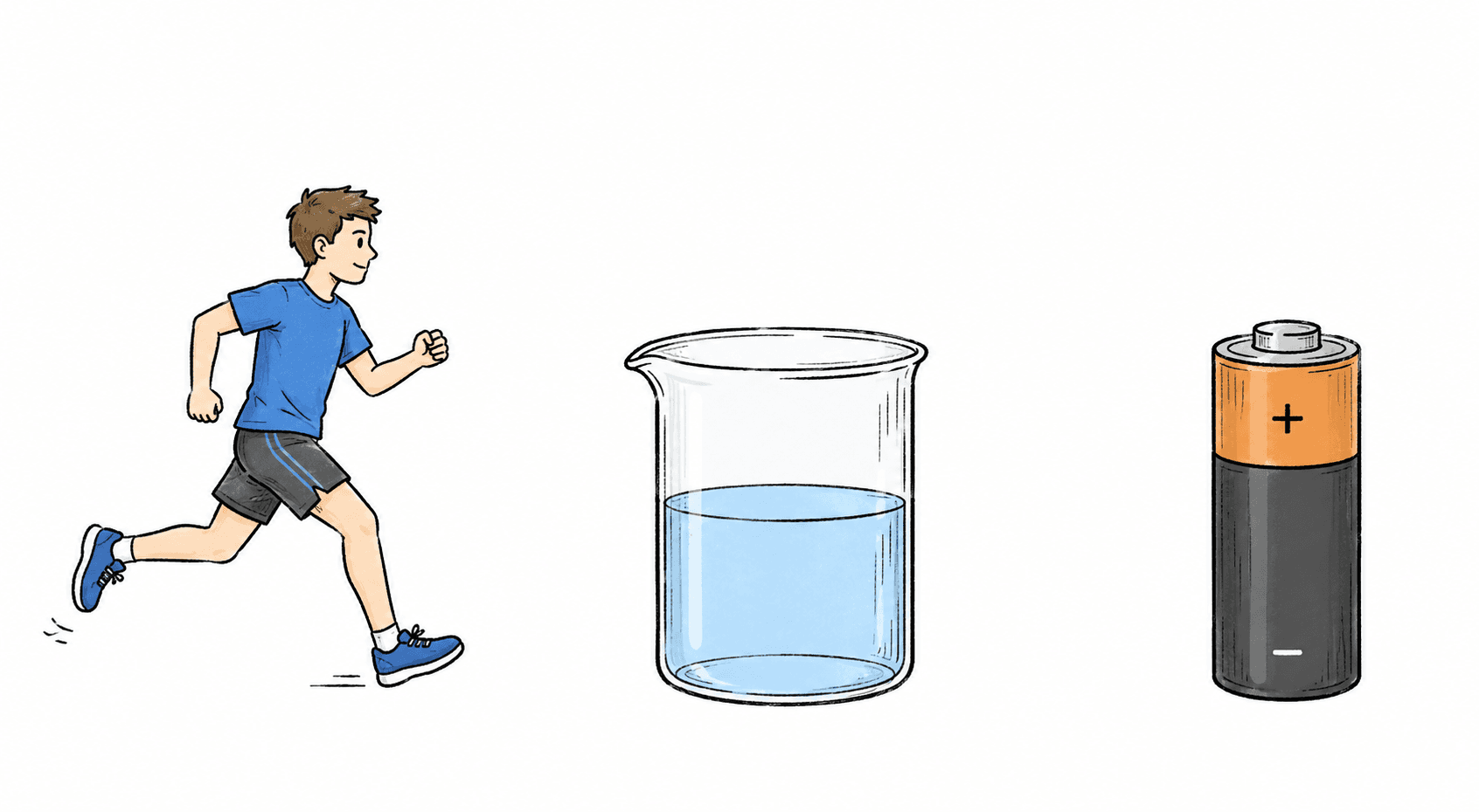A runner, a beaker of liquid and a battery. Each one is an everyday quantity that needs a number and a unit.