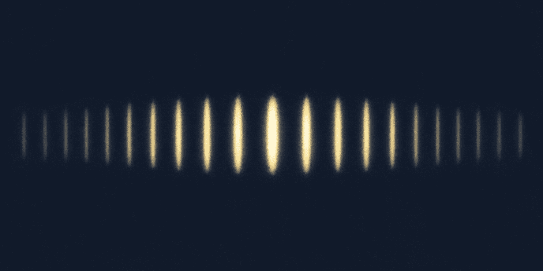 A row of bright fringes with dark gaps between them on a dark screen, brightest in the middle