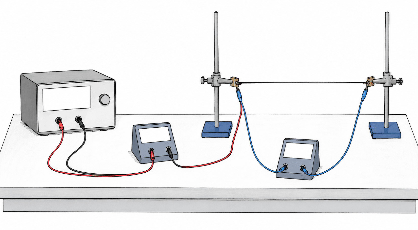 A lab bench: a power supply connected to a thin test wire held between two clamp stands, with an ammeter and a voltmeter.