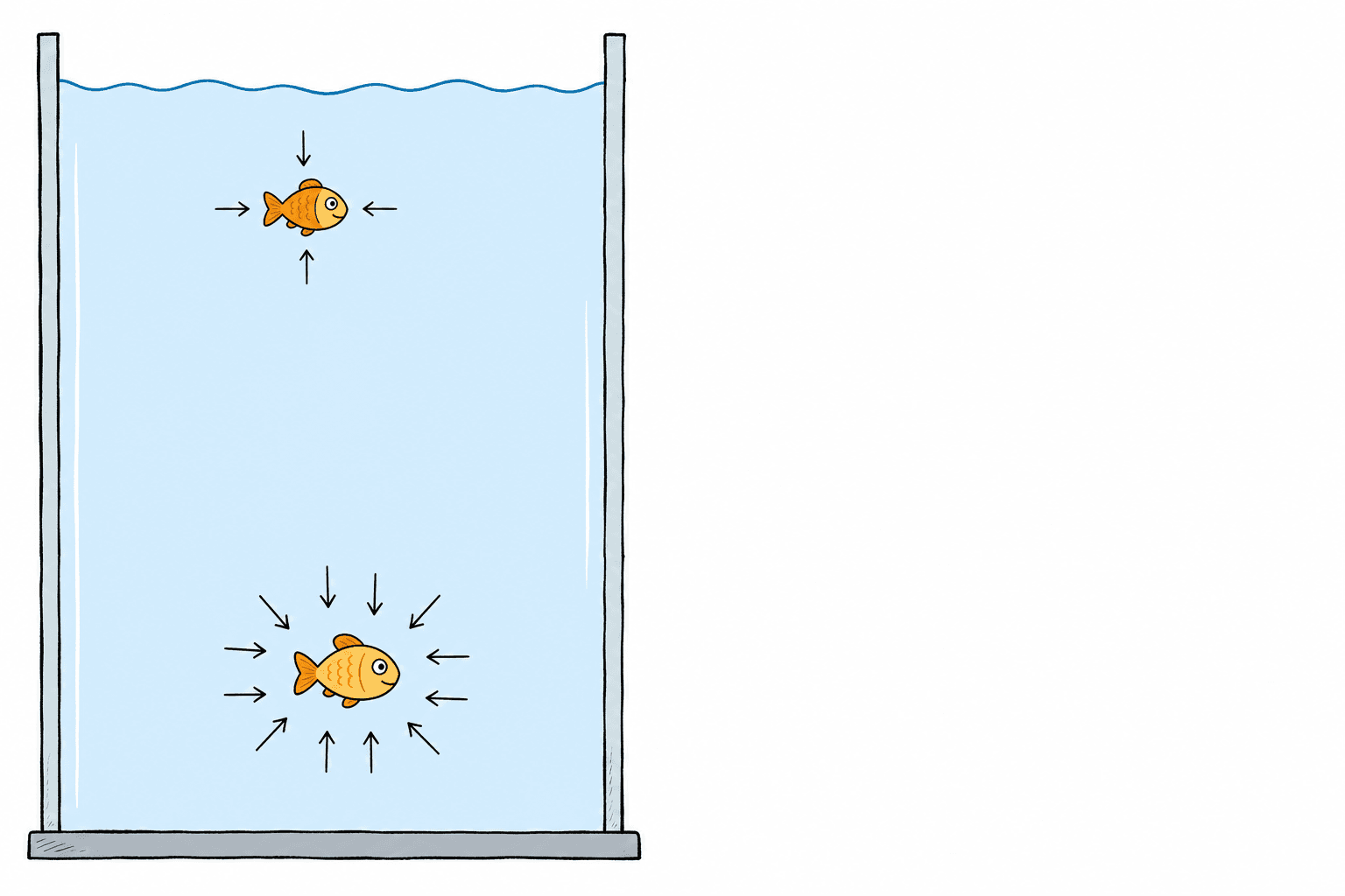 A fish near the surface pushed by a few arrows; a much deeper fish pushed by many arrows from all sides.