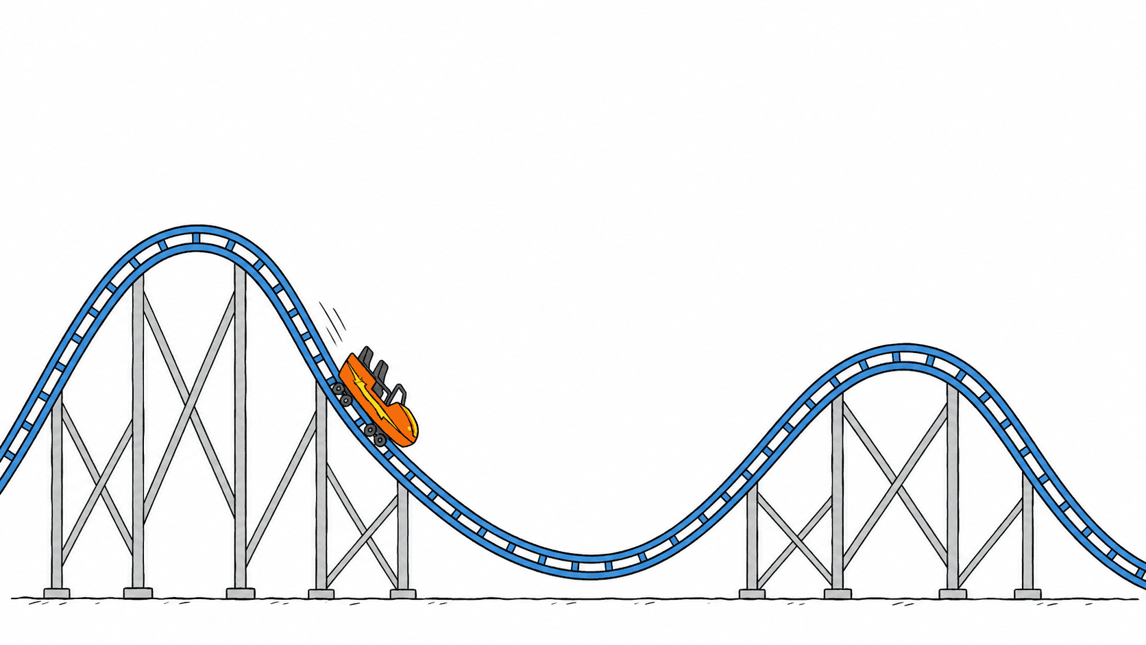 A roller-coaster with a tall first hill and a lower second hill, a car partway down the first drop.