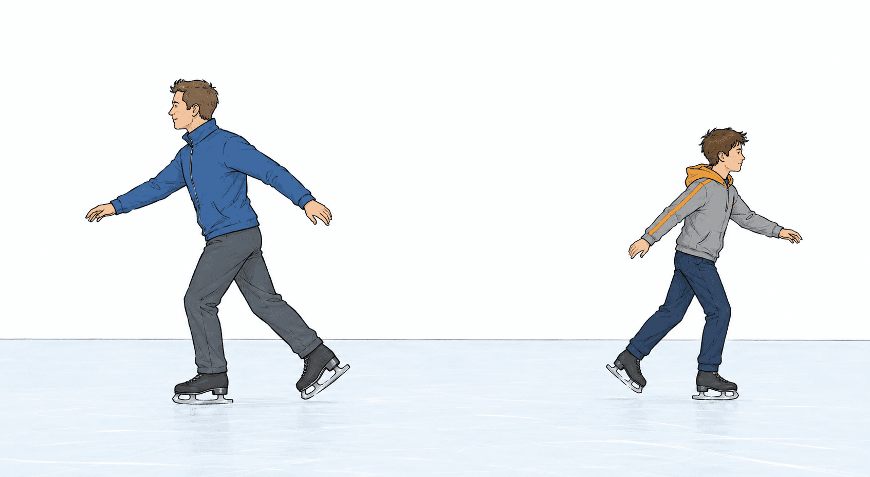Two ice skaters gliding away from each other on smooth ice after pushing apart.