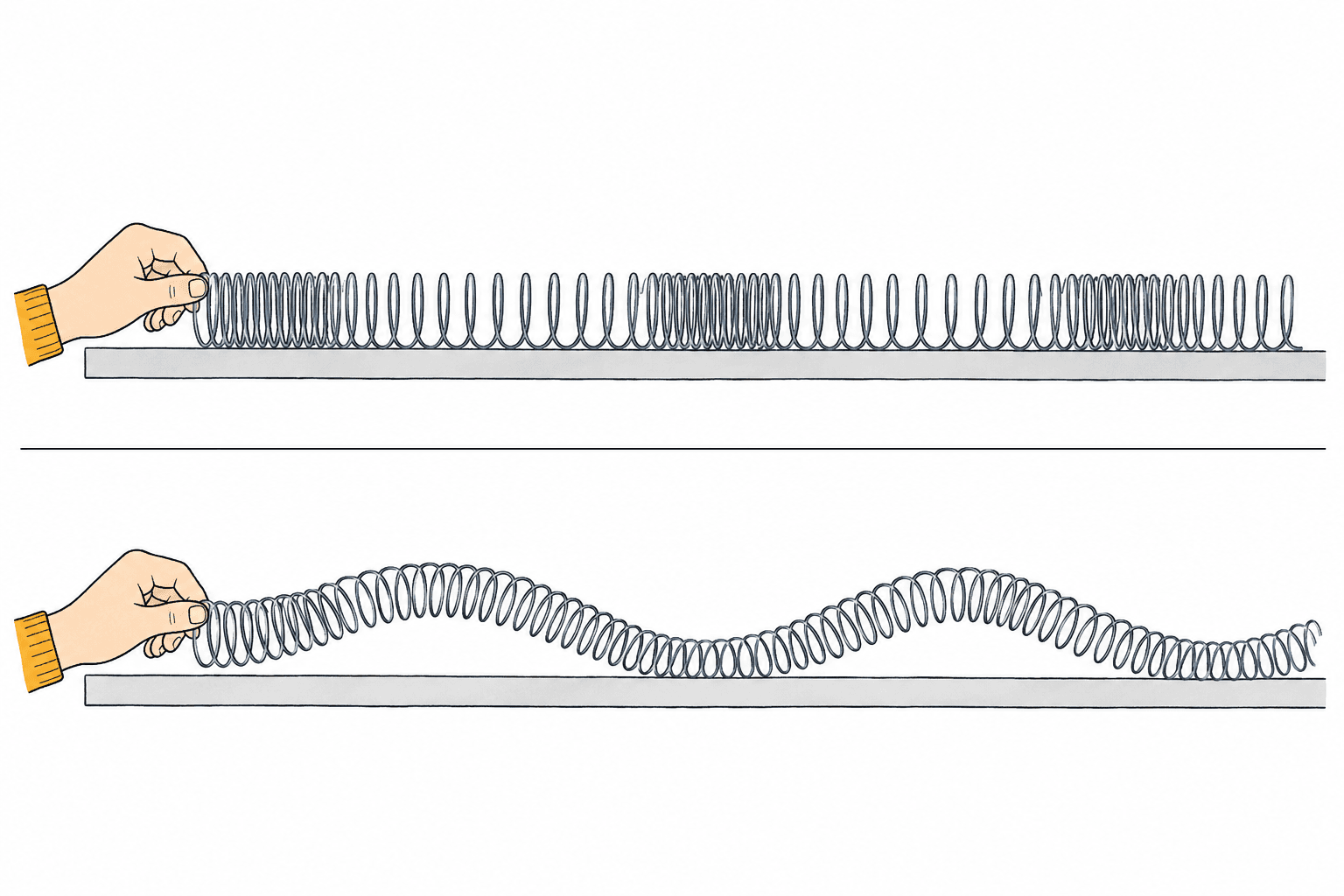 A slinky spring shown twice: on top pushed in and out along its length, and below moved from side to side.