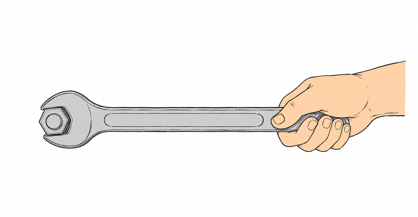 A hand pushing the far end of a long spanner fitted onto a nut.
