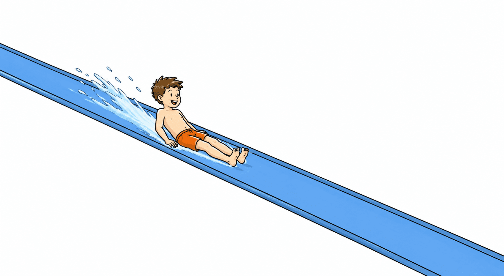 A child sliding down a long straight waterslide at about thirty degrees, seen from the side.