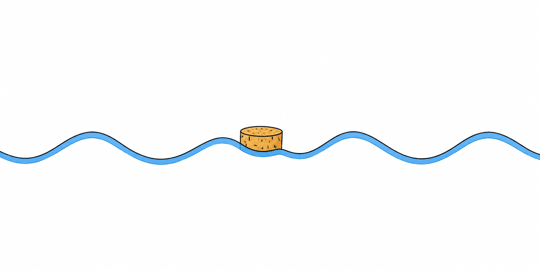 A cork floating on a water wave; the crests travel to the right while the cork stays in place moving up and down.