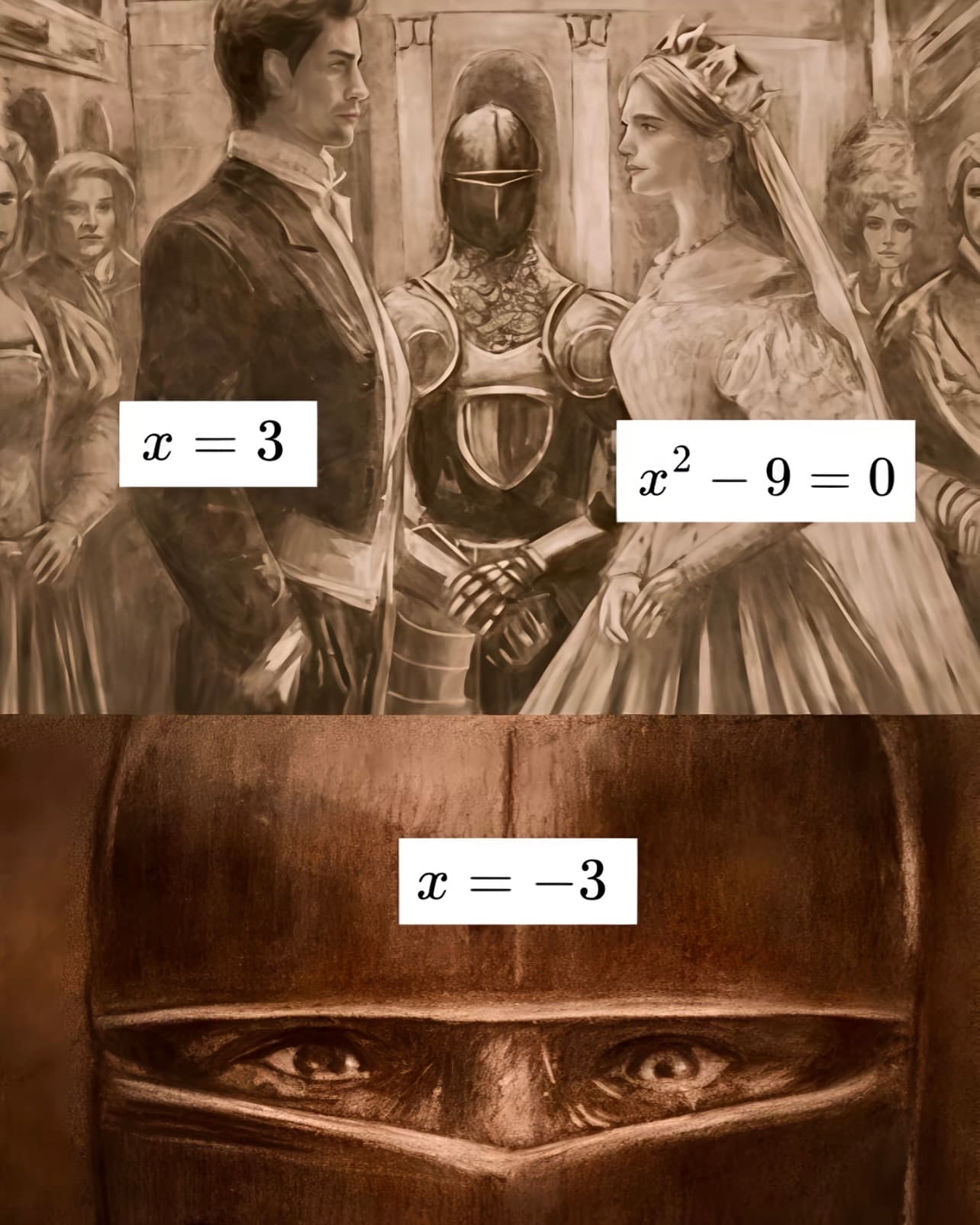 Maths meme about the two roots of a quadratic equation.