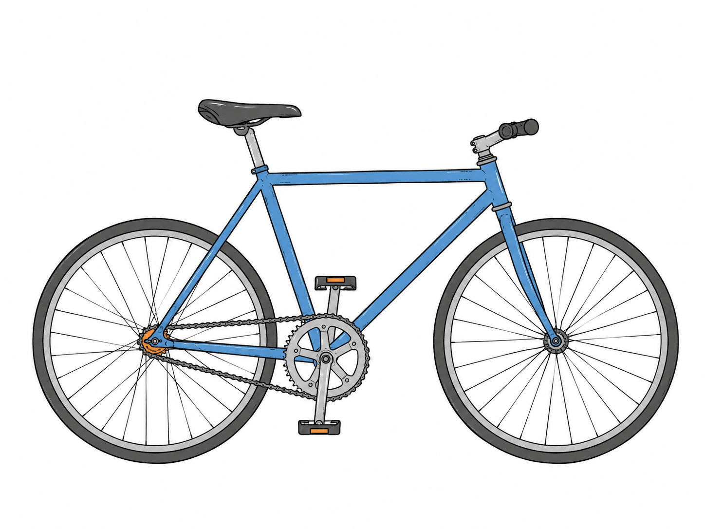 Side view of a bicycle. Labels point to the small rear gear, the large front gear and the chain that has the same linear speed at both gears.