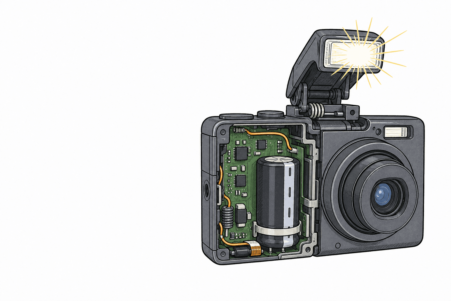 An open camera shows a large cylindrical capacitor beside the circuit board while the flash emits light.