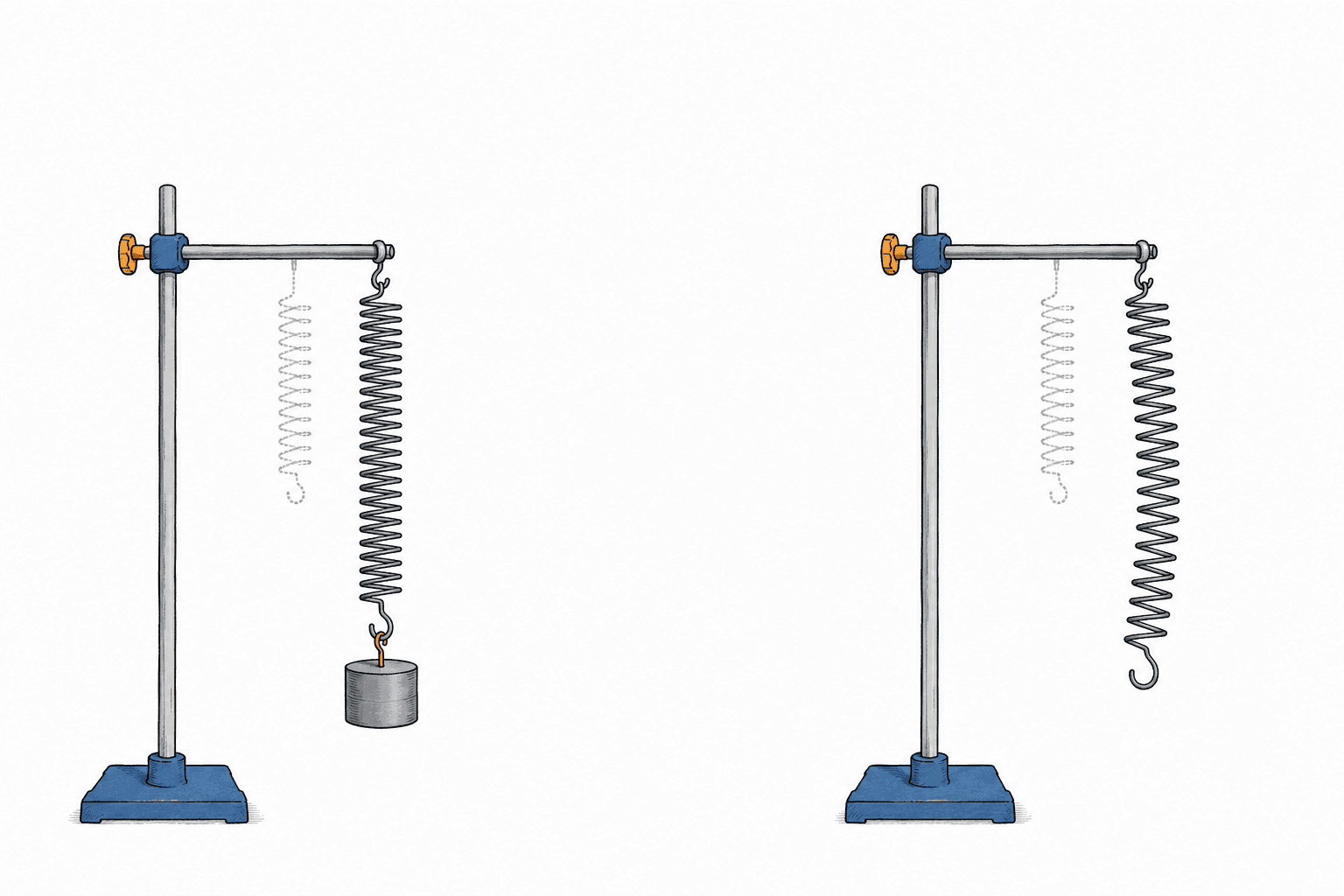 Left: a spring stretched by a load springs back to its original length (dashed) when the load is removed. Right: a sample taken past the elastic limit stays permanently longer even after the load is removed.