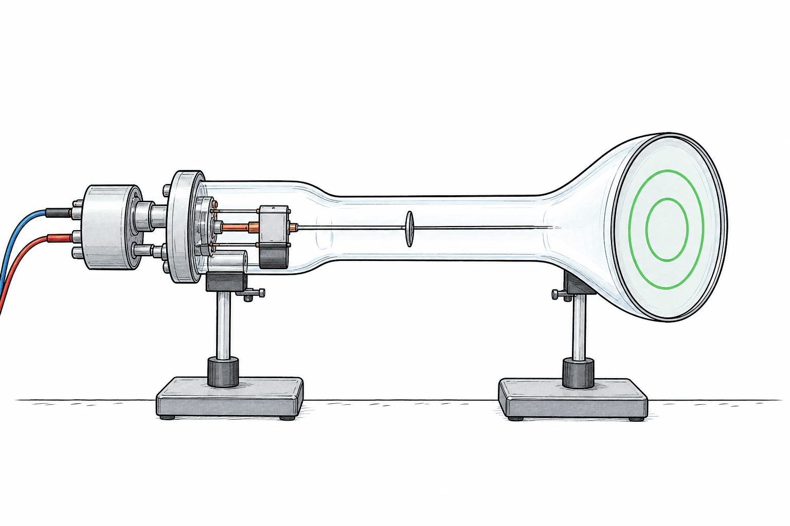 An electron diffraction tube with an electron gun on the left, a thin graphite target in the tube and green concentric rings on the screen at the right.