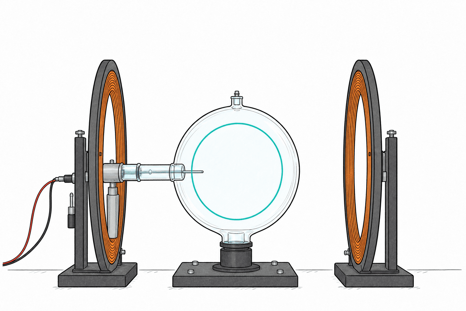A fine-beam tube shows a glowing circular electron path between two large magnetic coils.