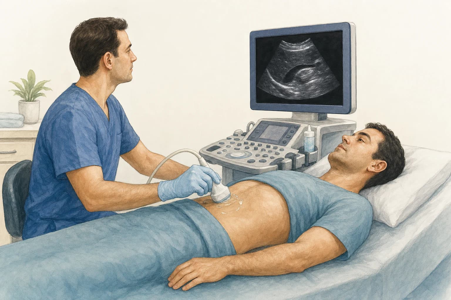 A hand-drawn general abdominal ultrasound examination. A clinician holds a probe against gel on an adult patient's upper abdomen. The probe is connected to an ultrasound machine.