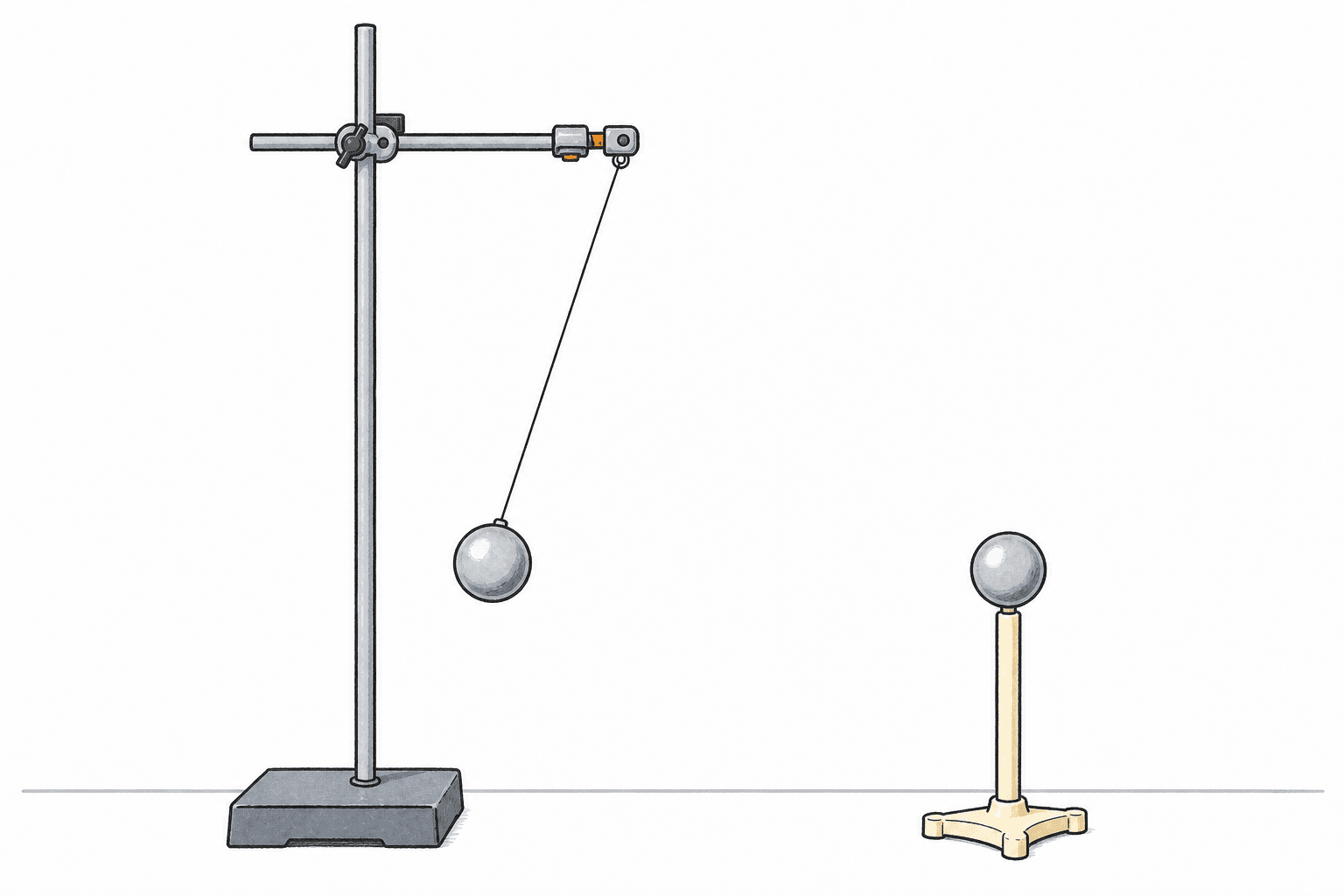 A positively charged metal sphere hangs to the left of a second positively charged sphere. Repulsion moves the hanging sphere away from the fixed sphere.