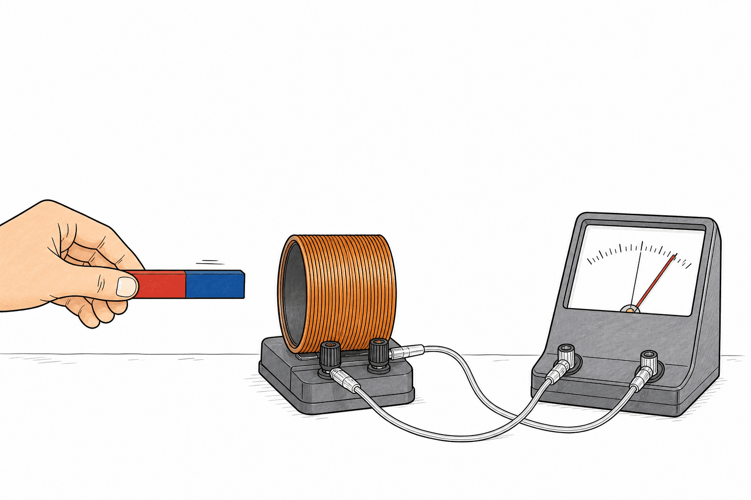 A hand moves a bar magnet towards a coil connected to an analogue meter, whose pointer is deflected.