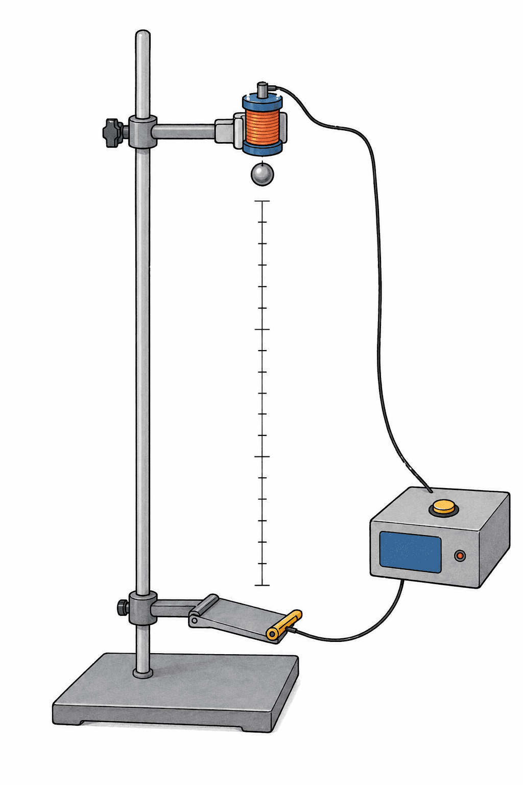 A steel ball below an electromagnet, a vertical height scale, a trapdoor switch and an electronic timer.