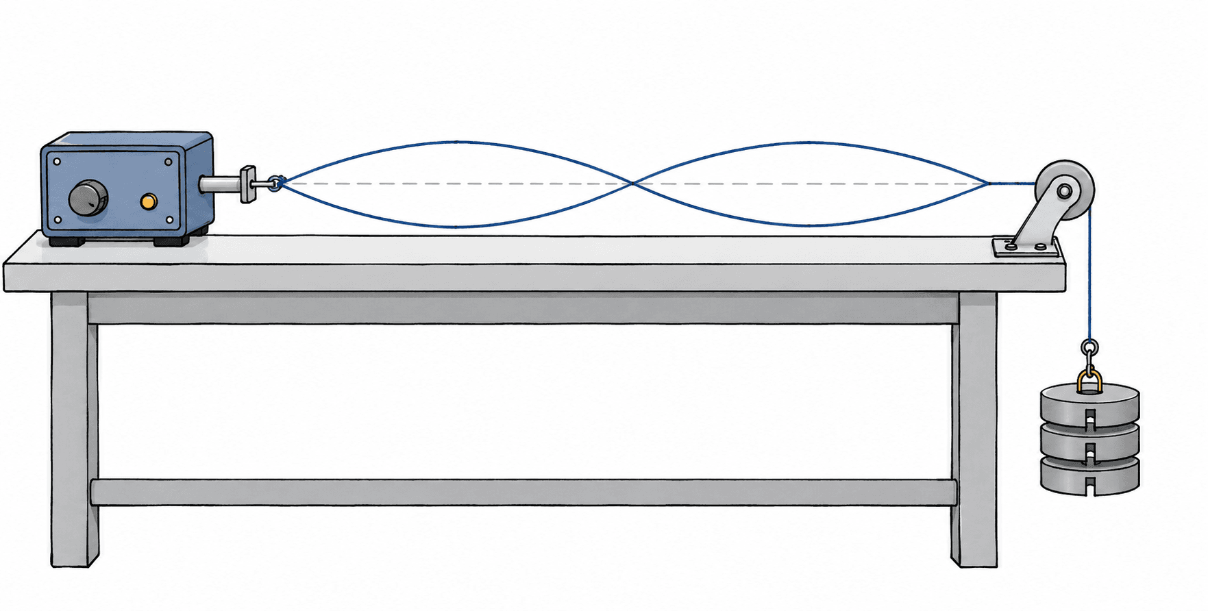 A string driven by a vibration generator over a pulley with a hanging weight, vibrating in loops