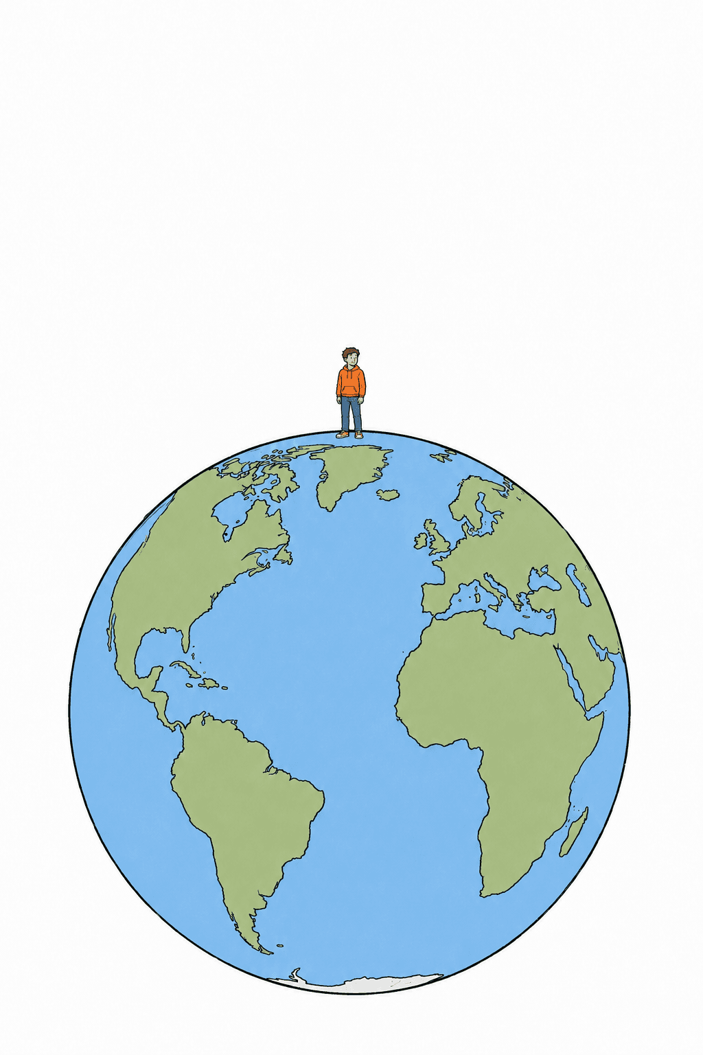 A person standing on top of a large globe of the Earth, with empty space around for force arrows.