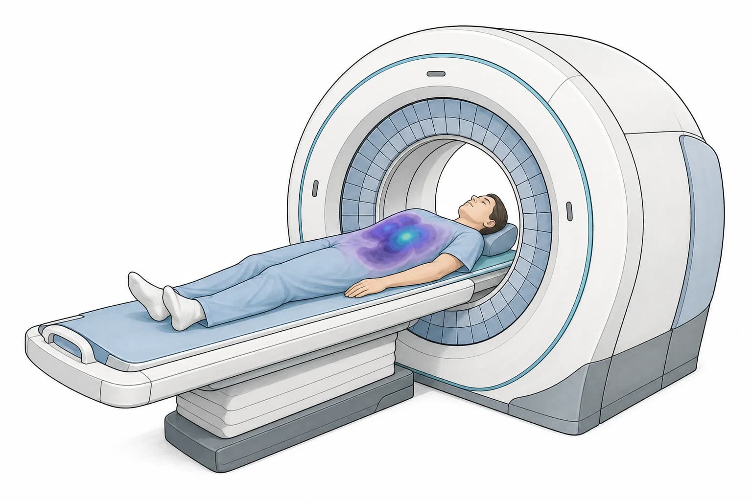 A clean educational illustration of a patient lying on a bed inside a PET scanner. A detector ring surrounds the body and a coloured region inside the torso represents tracer concentration.