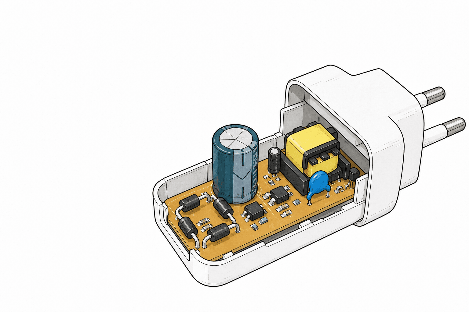 An open phone charger shows four diodes on its circuit board and a large cylindrical capacitor.