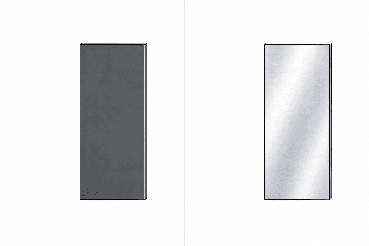 Two hand-drawn metal surfaces compare photon absorption by a dark plate with reflection from a polished plate.