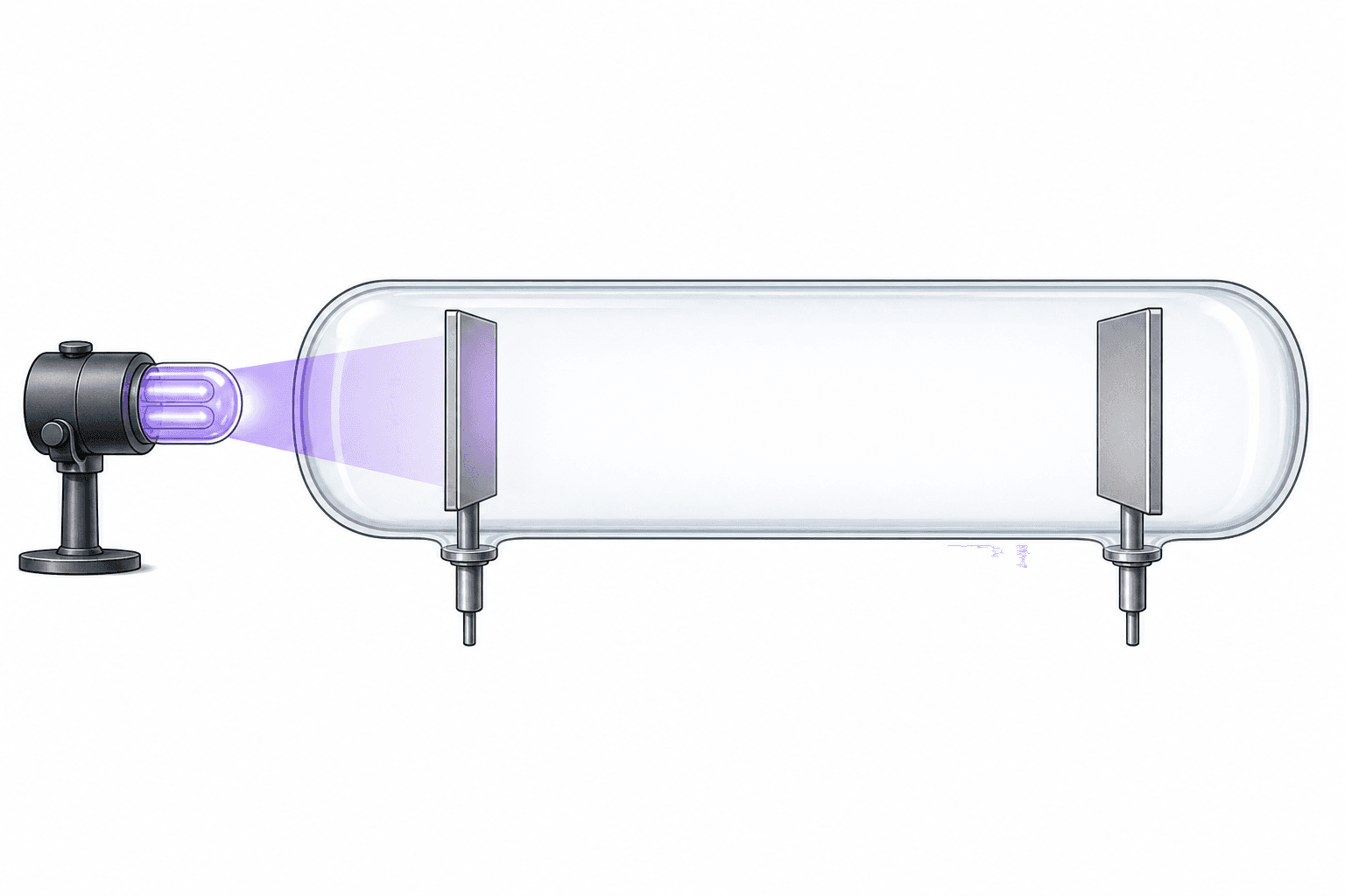 A hand-drawn evacuated glass tube contains an illuminated emitter plate and a collector plate for a photoelectric stopping-potential experiment.