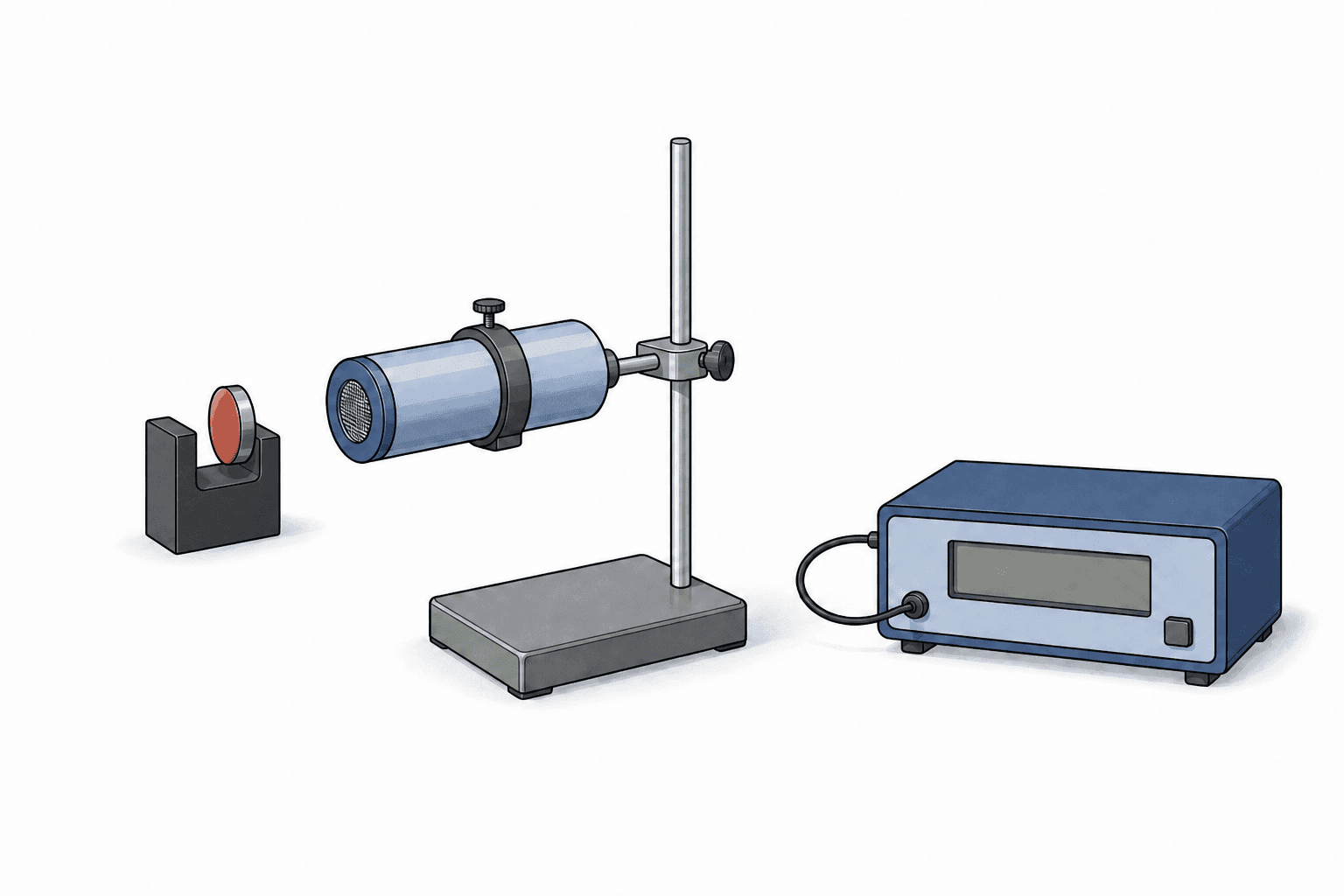 A hand-drawn sealed radioactive source faces the end window of a Geiger-Muller tube on a clamp stand. The tube is connected by a cable to a digital counter.