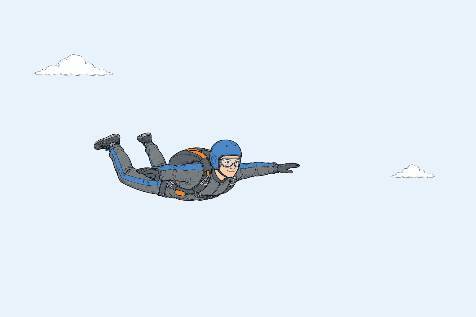 A skydiver falling belly-down through the sky, with a weight arrow pointing down and a drag arrow pointing up.