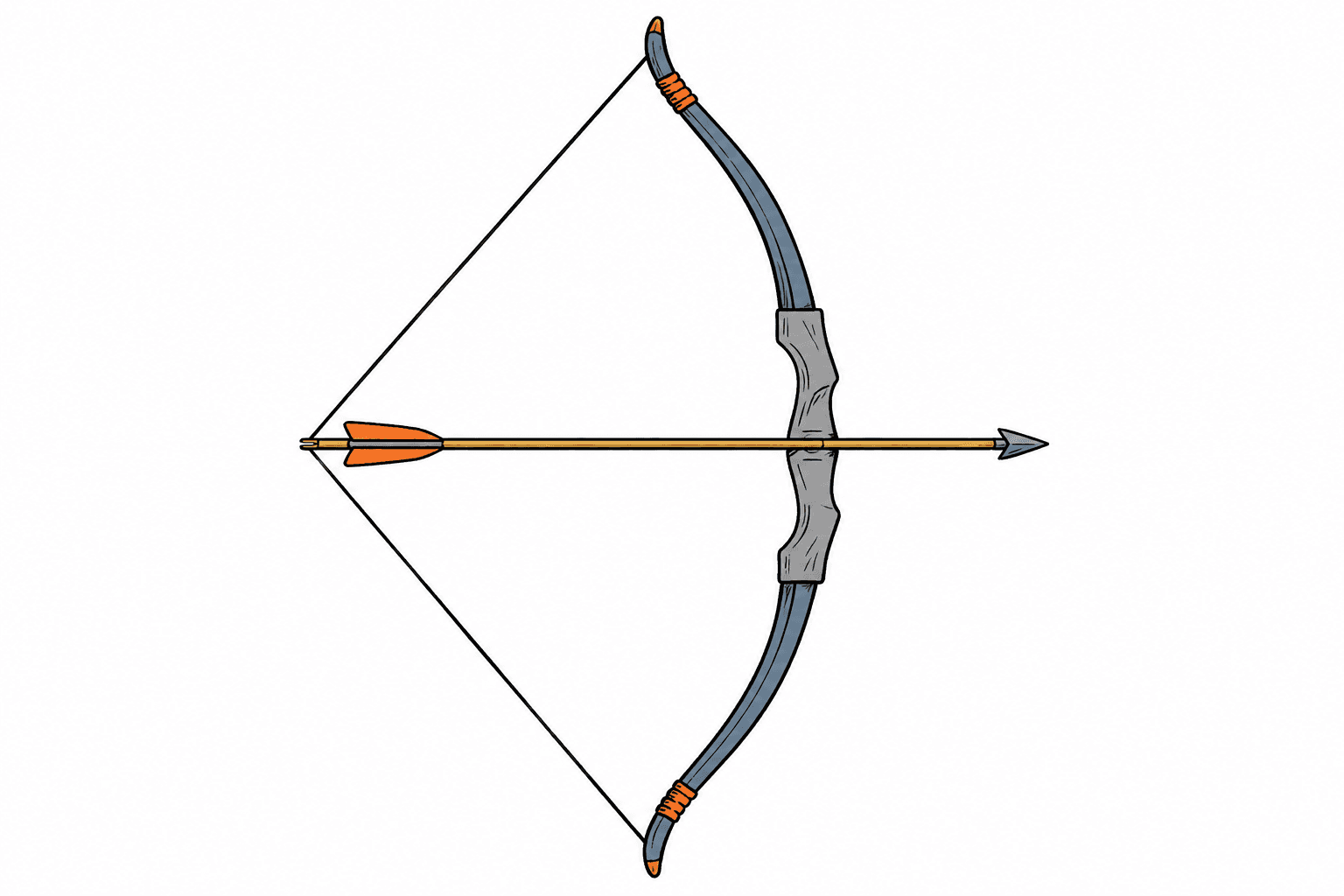 A drawn bow with the string pulled taut and an arrow ready to fly, storing energy in the bent bow and stretched string.