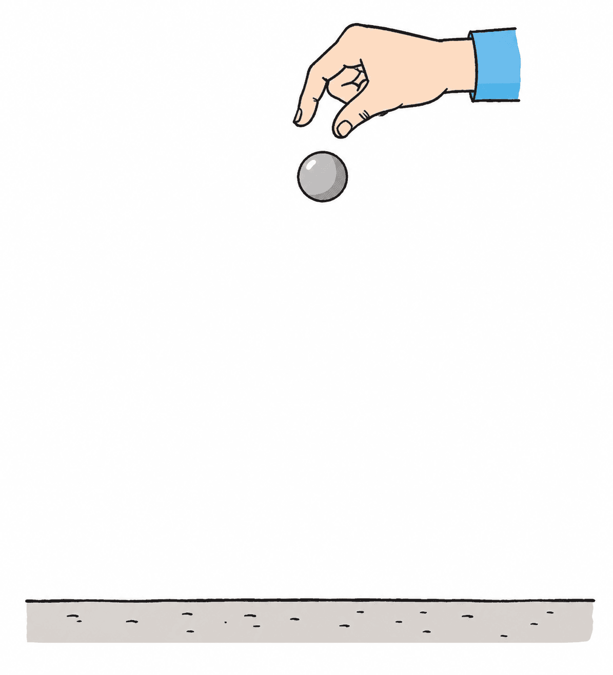 A hand releasing a small ball that falls toward the ground.