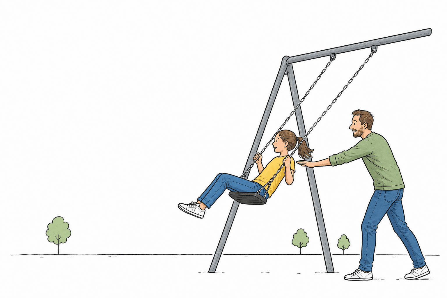An adult gives a gentle push to a child moving on a playground swing. The swing is displaced to one side, and the scene leaves clear space for teaching labels.