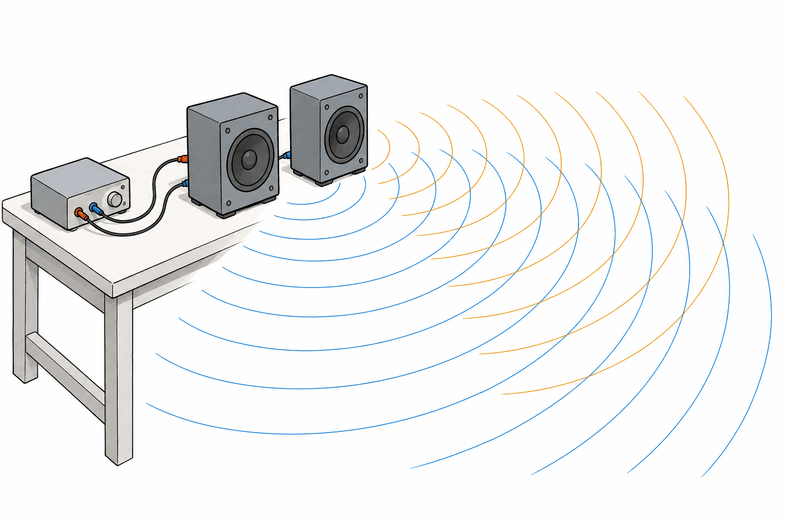 Two loudspeakers on one signal generator, their sound waves overlapping in front