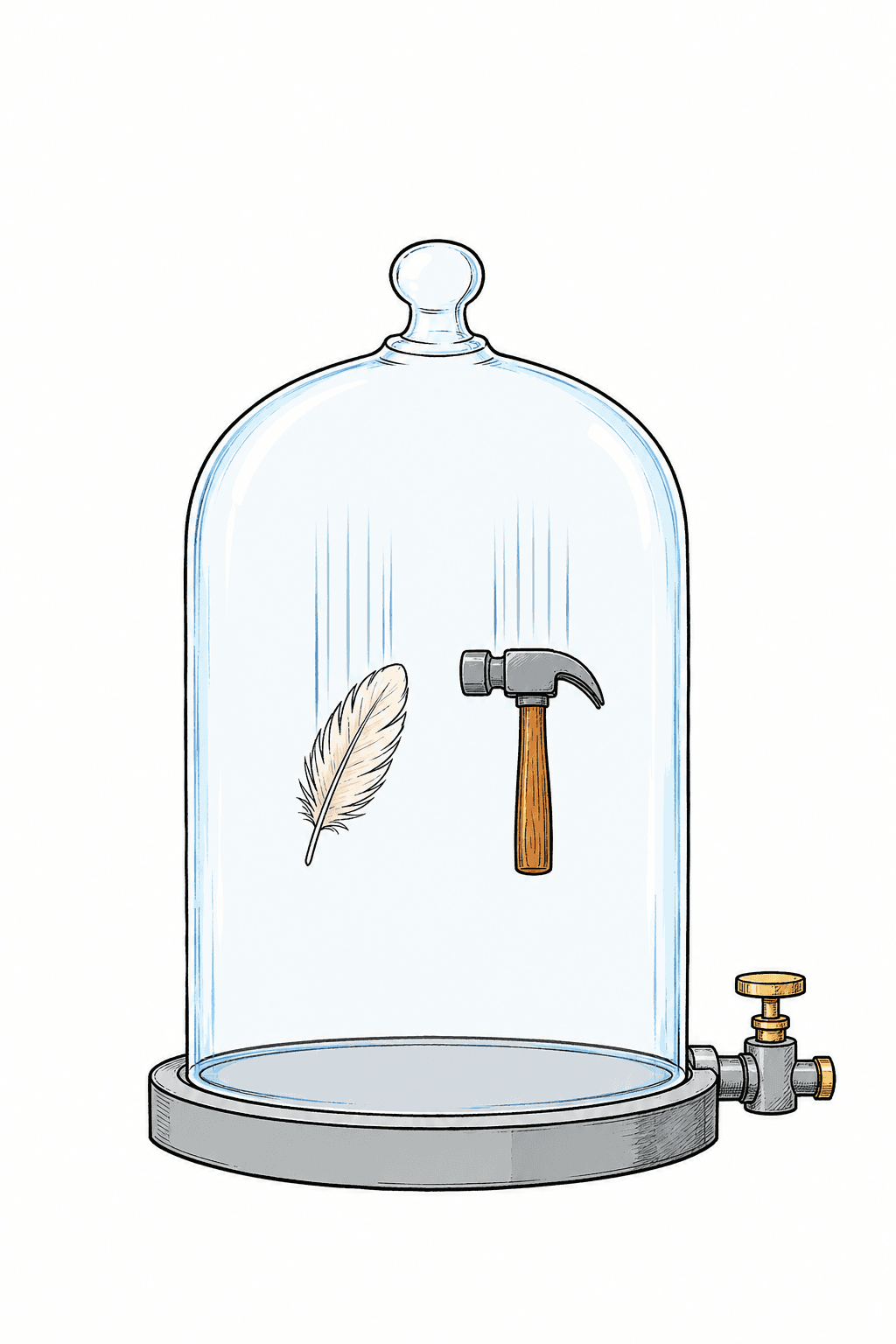 A feather and a hammer side by side inside a glass vacuum chamber.