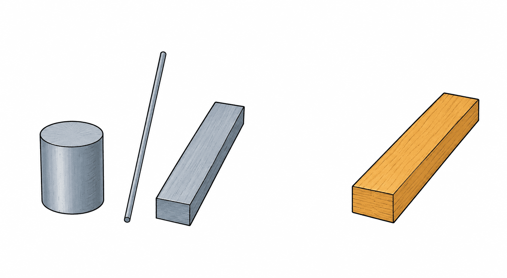 Three samples of the same metal — a thick rod, a thin wire and a bar — grouped together to share one Young modulus; a sample of a different material sits apart with a different value.