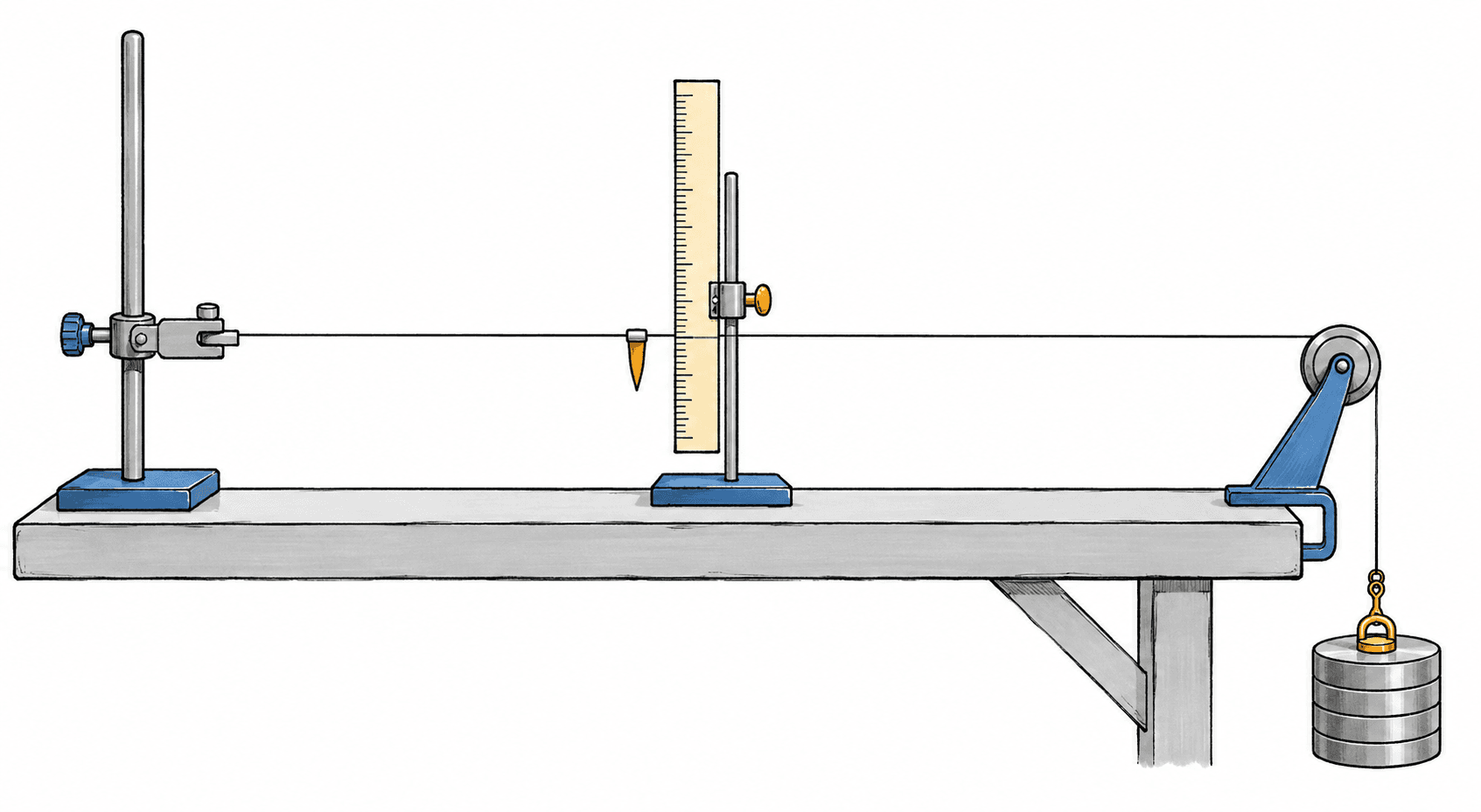 Apparatus to measure the Young modulus of a wire: a long thin wire clamped at one end, run horizontally over a pulley at the bench edge and loaded with a mass, with a marker on the wire against an upright scale.