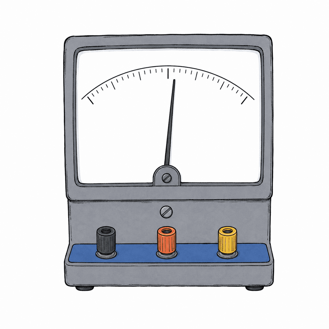 An analogue pointer meter with its needle near the centre of the scale.