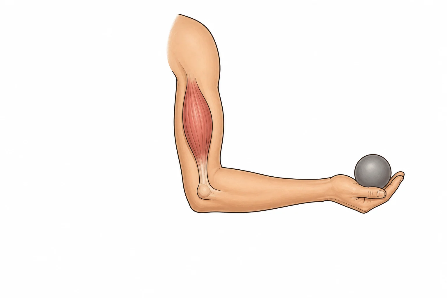 A side view of a bent arm. The forearm is horizontal, the biceps is visible and the hand holds a small ball.