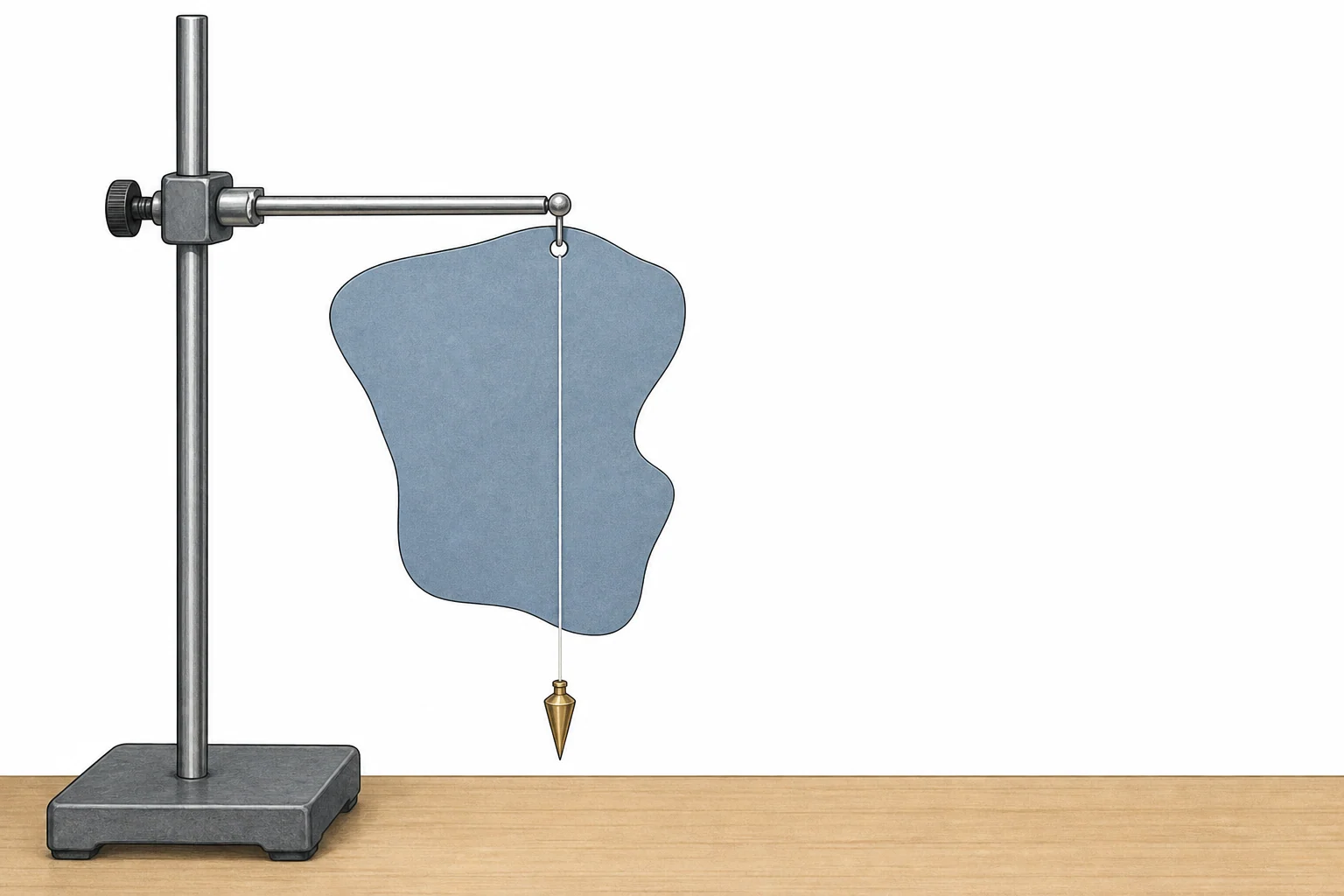 An irregular flat lamina hangs freely from a pin on a clamp stand. A plumb line hangs vertically from the same pin in front of the lamina.