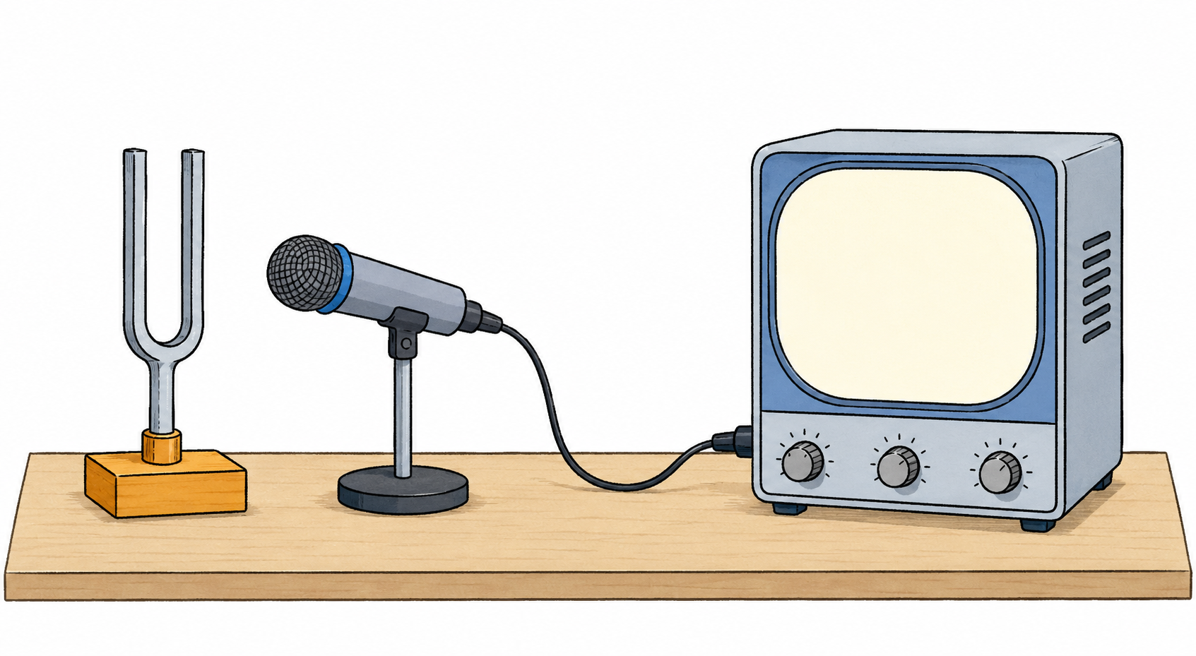 A tuning fork, microphone and cathode-ray oscilloscope connected on a laboratory bench.