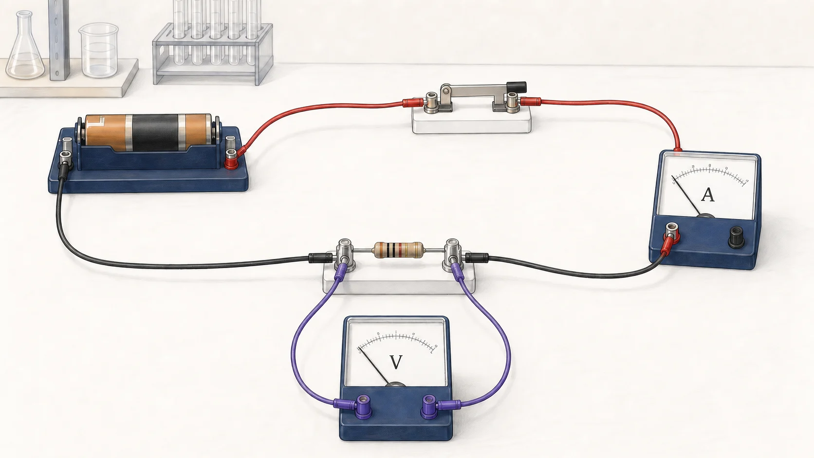 A hand-drawn complete laboratory circuit with a closed switch and ammeter in series, while a voltmeter is connected across the fixed resistor