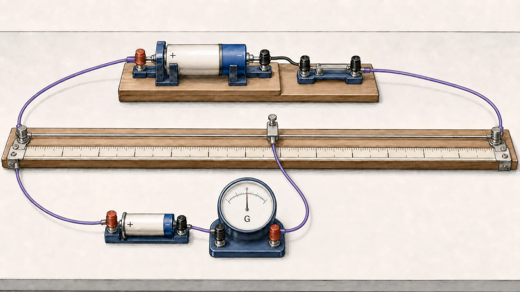 A hand-drawn potentiometer experiment with a driver cell across a long uniform wire, and a test cell connected through a centre-zero galvanometer to a sliding jockey