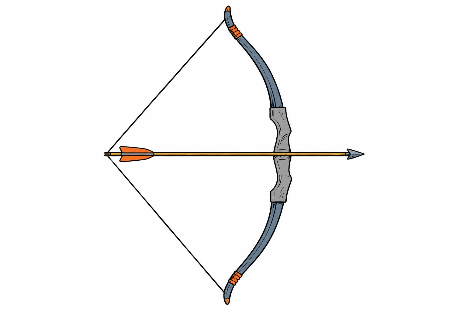 A hand-drawn bow is bent while its string is pulled back with an arrow ready to be released.