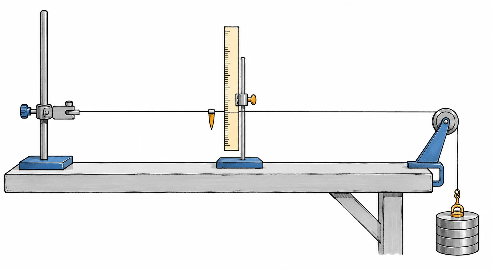 A hand-drawn long horizontal wire is clamped at one end, passes a pointer beside a vertical scale, continues over a pulley and supports a stack of masses.