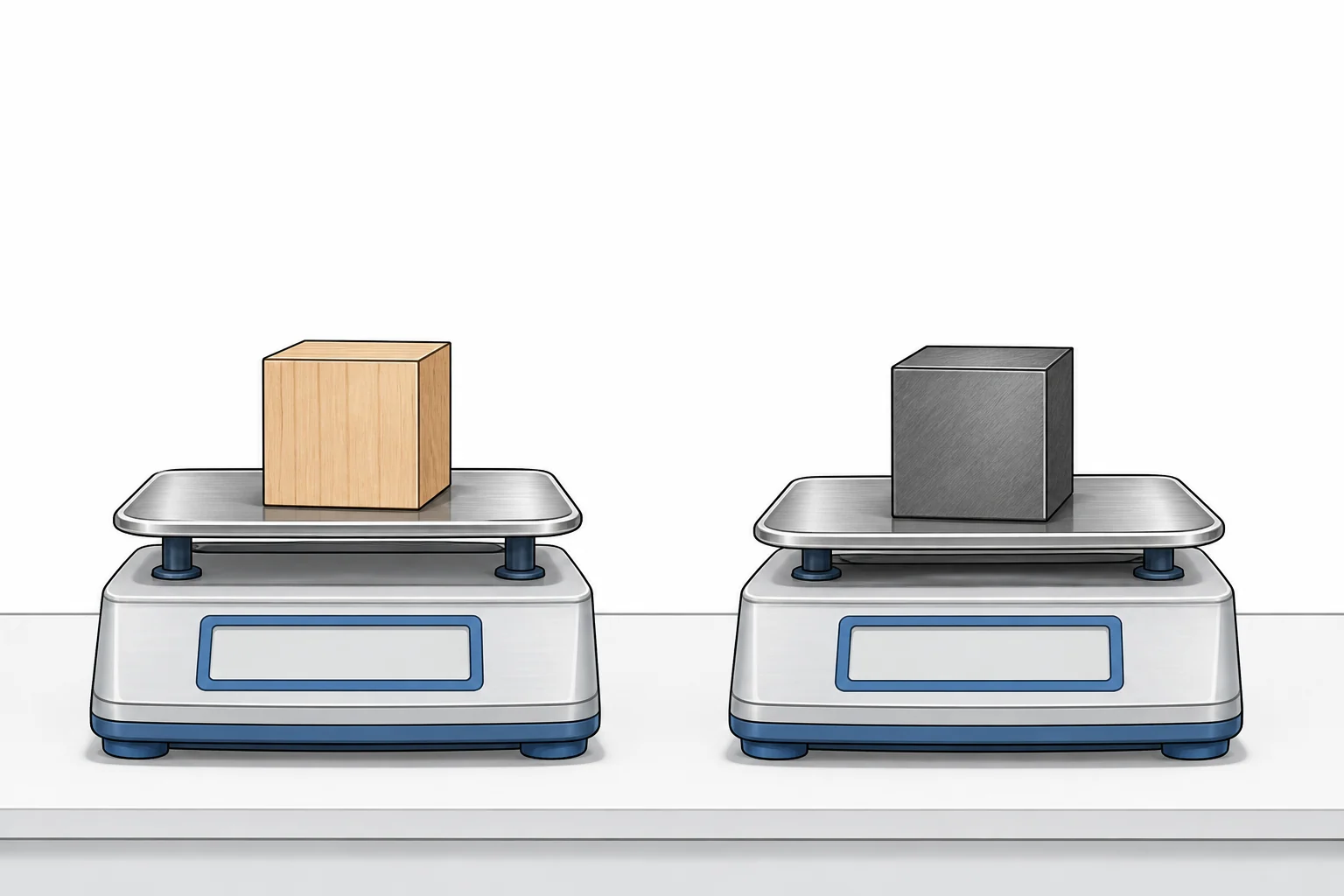Two equal-size cubes stand on separate laboratory balances. The left cube is wood and the right cube is metal.