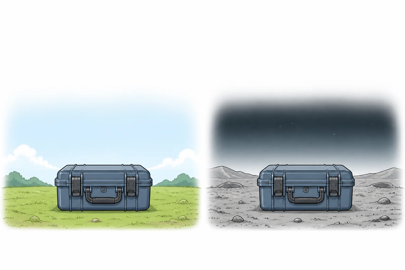 The same blue-grey equipment case resting on Earth and on the Moon.