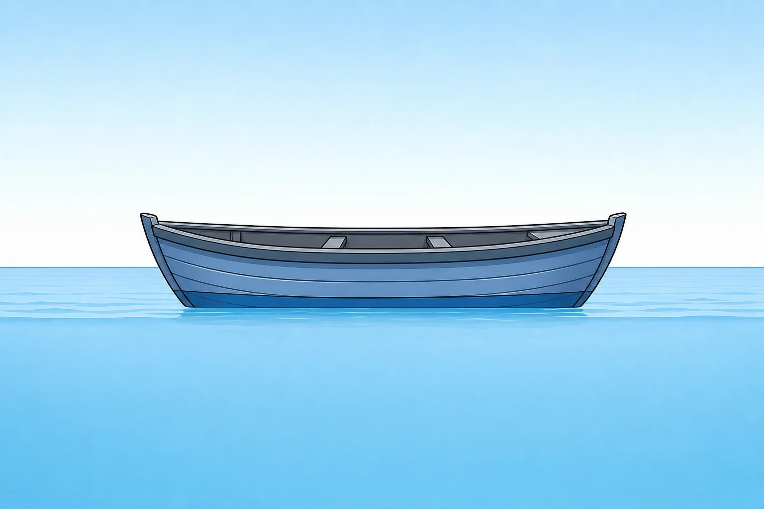 A level blue-grey boat floating motionless on calm water.