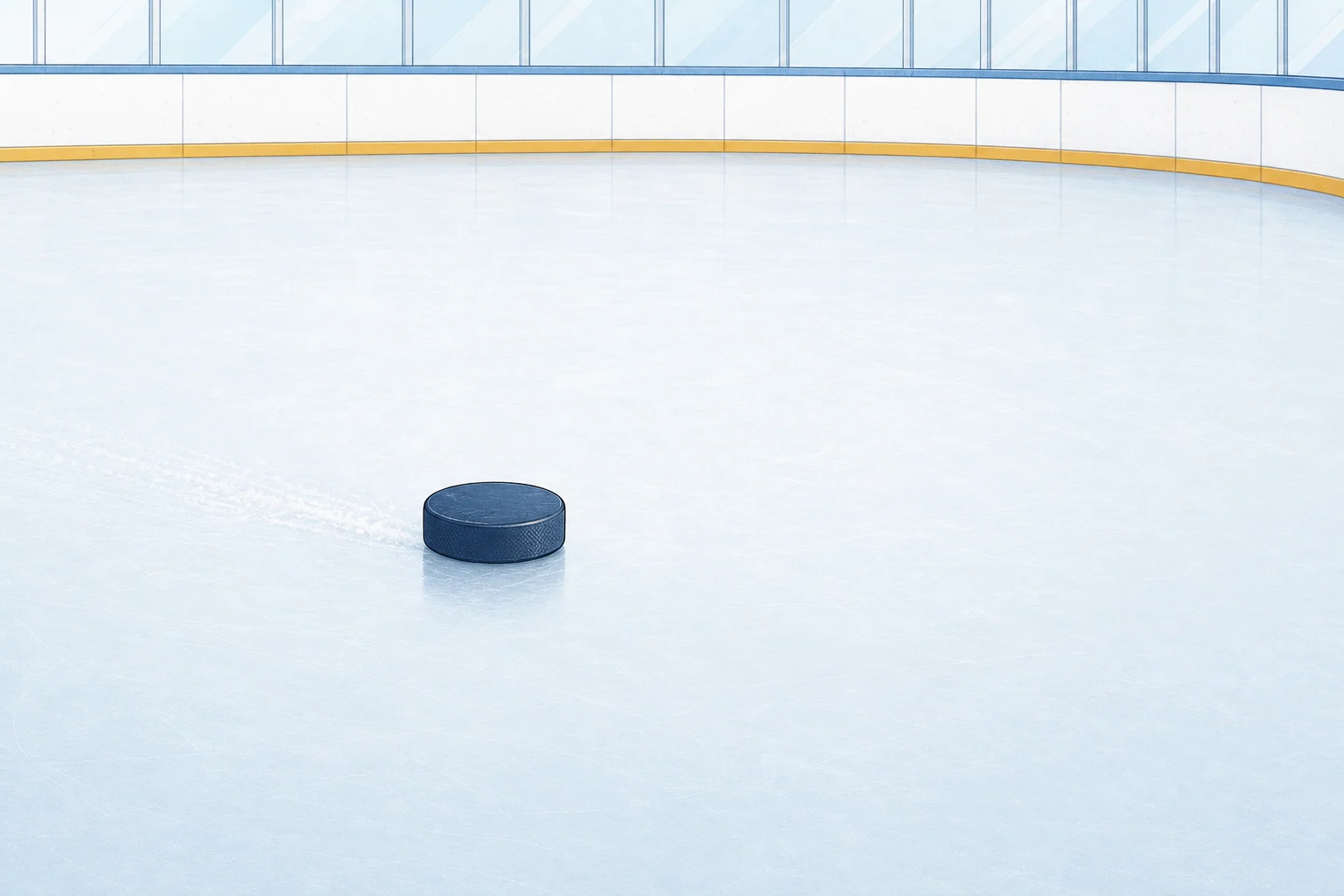 A single dark-blue hockey puck gliding across an empty smooth ice rink.